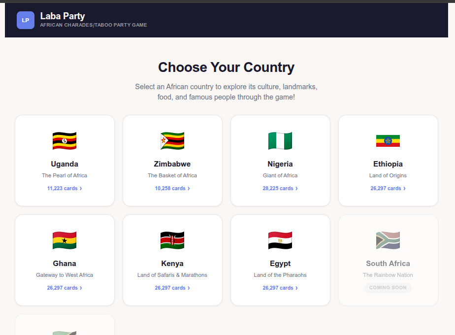 Laba Party app — Choose Your Country screen showing African editions